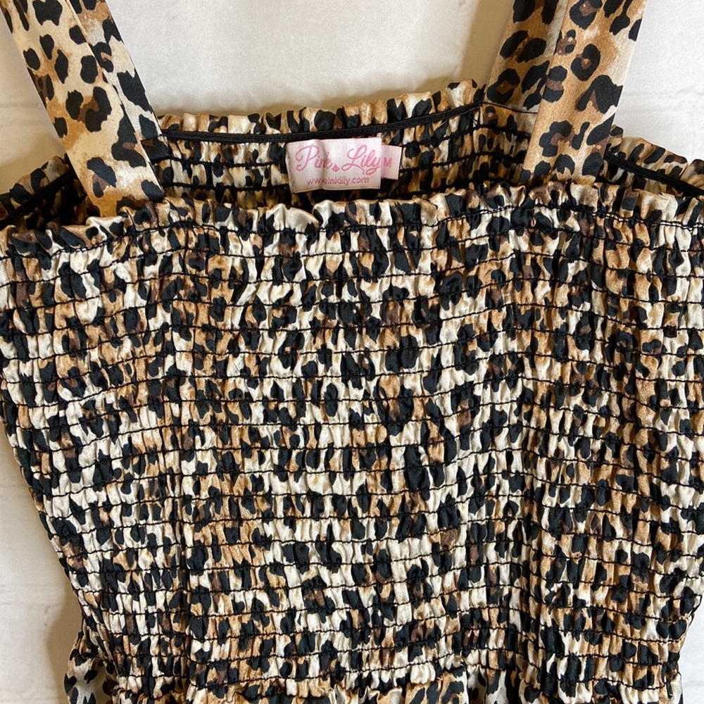 Pink Lily Leopard Print Smocked Bow Tie Dress - Picture 5 of 8